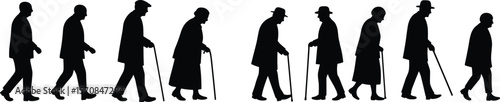 Aging process illustration, silhouette of people walking at different life stages, from young to old, with cane, isolated on white background