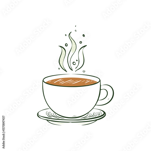 Steaming coffee cup with saucer and wisps of steam beverage