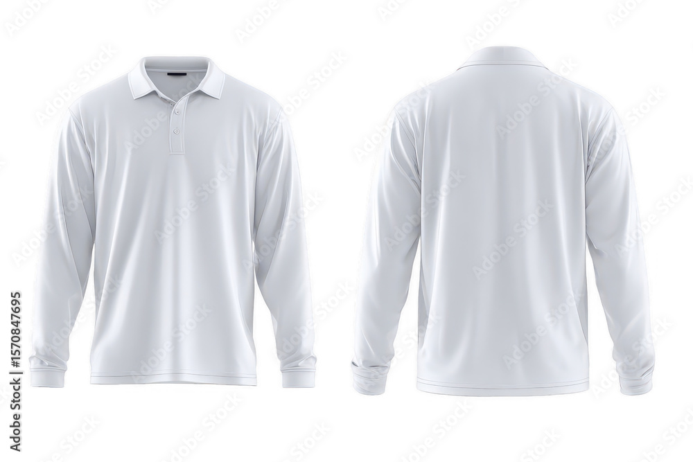 Blank white long-sleeve polo shirt, front and back views Blank white long-sleeve polo shirt, front and back views