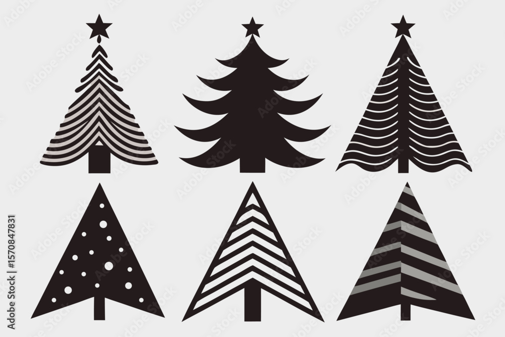 Obraz premium Christmas Tree Silhouette Vector Set , Black and White Holiday Tree Designs