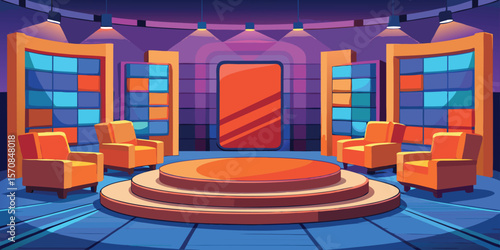 Modern television studio with orange chairs and blue shelves