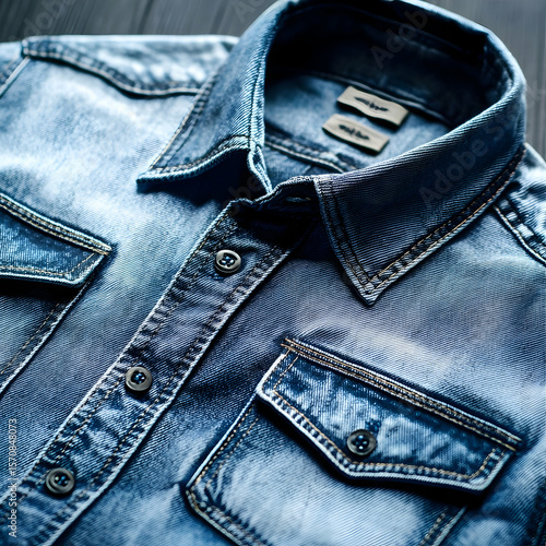 Close-up of a denim shirt on dark wooden background. Possible use Fashion product photography