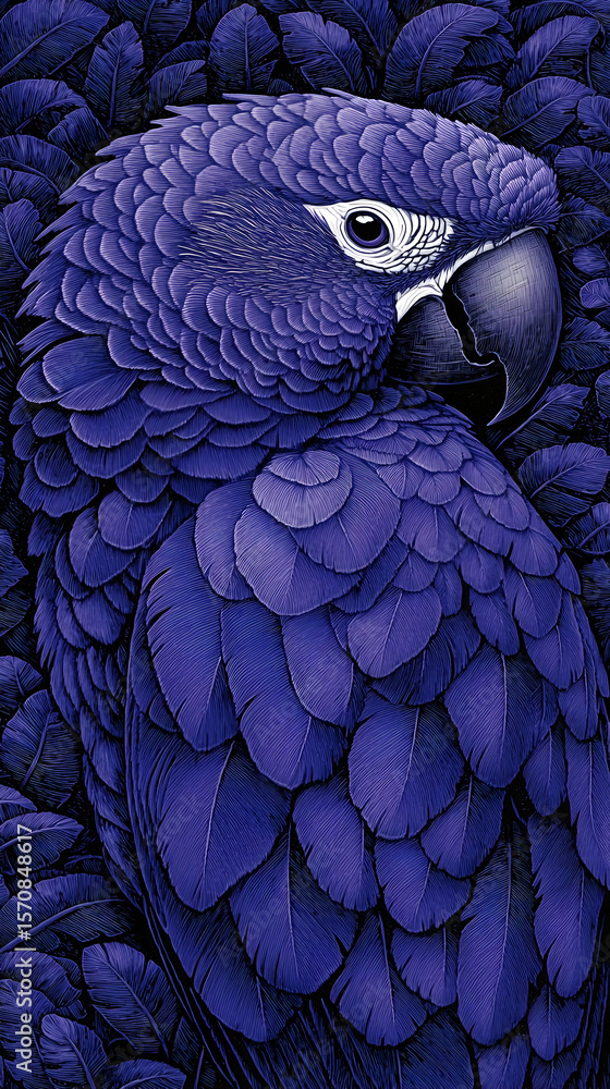 Fototapeta premium Close-up of a vibrant purple parrot, detailed plumage, natural background. Possible use nature prints, phone wallpaper, art