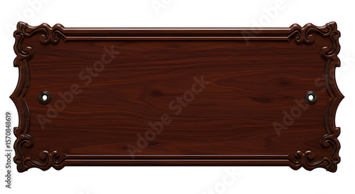 Beautiful carved wood nameplate, showcasing rich mahogany hues and ornate decorative edging, perfect for adding a touch of classic elegance.