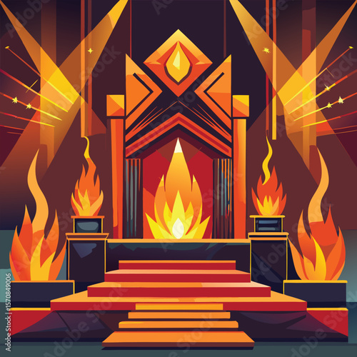 Opulent stage with dramatic lighting and fiery accents