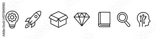 Free Download Minimal line icons of technology, startup, innovation, research, and education including rocket, lightbulb, book, magnifier, brain, and diamond. Suitable for digital products and presentations - GFXLoad