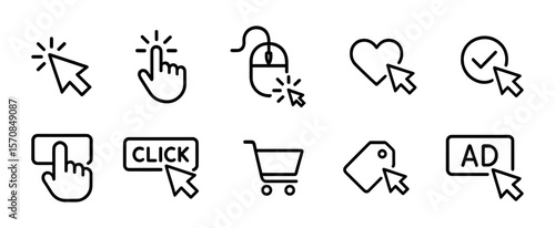 Flat line icons showing pointer clicks, hand taps, ads, shopping cart, tags, and heart. Useful for websites, ecommerce platforms, and advertising UI designs.