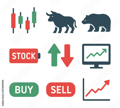 Stock market and investment icon set with bull and bear graphics, candlestick charts, buy and sell buttons, up and down arrows, and financial dashboards.