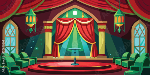 Opulent theater stage with red curtains and green chairs