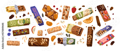 Set of muesli bars. Honeies with granola. Fitness snacks with cereals, nuts, fruit. Healthy food for diet, proper nutrition, eating. Protein cookies. Flat isolated vector illustrations on white