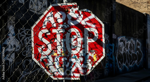 Urban Decay Stop Sign Behind a Chain Link Fence With Graffiti Backdrop