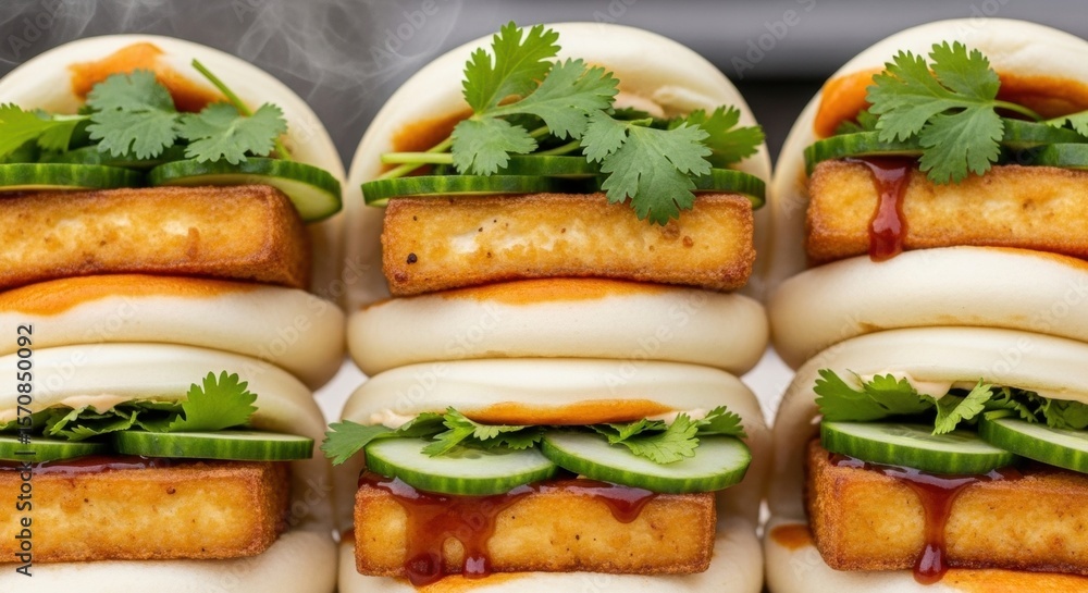 Steamed bao buns with crispy tofu, cucumber, and cilantro garnish Steamed bao buns with crispy tofu, cucumber, and cilantro garnish