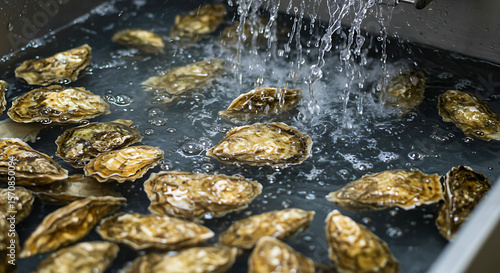 Ultrasonic cleaning of oysters (France). oysters undergoing ultrasonic bath, shell debris removal 