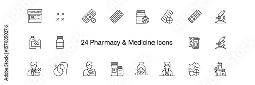 Outline Icon Set Featuring Pills, Microscope, Pharmacy Building on Transparent Background