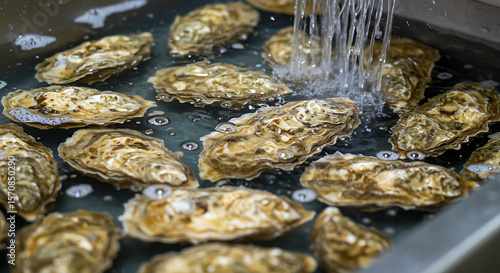 Ultrasonic cleaning of oysters (France). oysters undergoing ultrasonic bath, shell debris removal