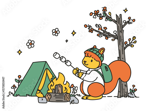 Cute Cartoon Squirrel Roasting Marshmallow by Campfire in Spring Forest