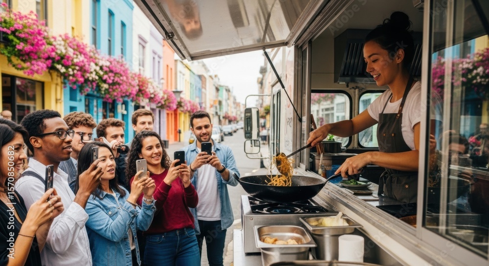 Street food delight: female chef cooking noodles for enthusiastic diverse crowd Street food delight: female chef cooking noodles for enthusiastic diverse crowd