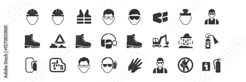 Safety & construction Icons set featuring worker avatars and hazard warnings transparent