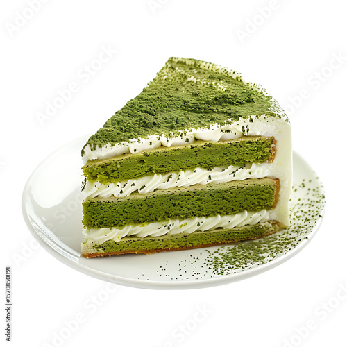 Delicious green tea cake slice on white plate dusted with matcha powder
