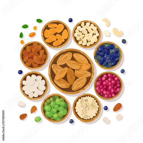 Various bowls of almonds, cashews, rice, peas, blueberries, raspberries, raisins on wooden tray