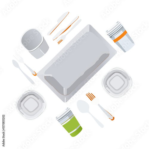 Vector illustration of a takeout meal with containers and utensils.