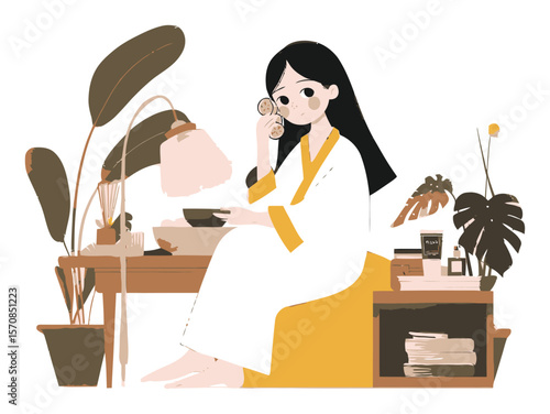 Cozy Home Illustration of a Woman Enjoying Tea Surrounded by Plants