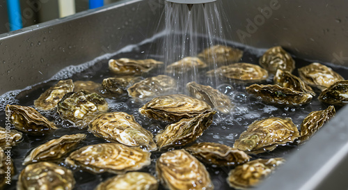 Ultrasonic cleaning of oysters (France). oysters undergoing ultrasonic bath, shell debris removal