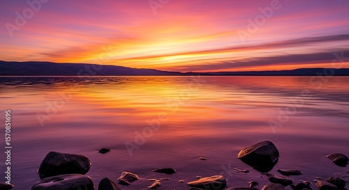 Vivid Sunset Over Calm Lake with Rocks, Reflecting Fiery Sky Colors