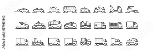 Transportation Line Icons Featuring Car, Bus, Truck, Van, and Emergency Vehicles