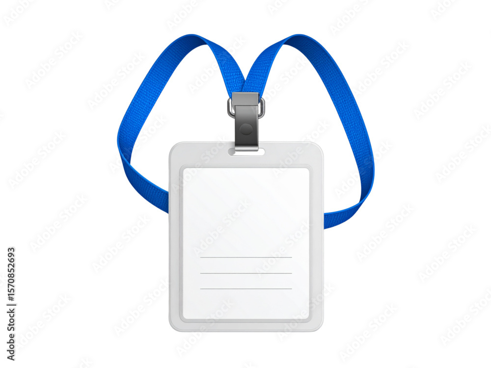 Fototapeta premium Isolated blank white ID badge with blue lanyard, ready for personalization.