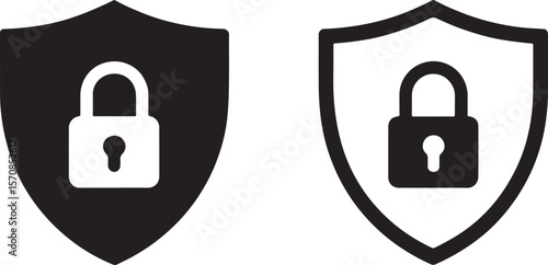 Shield and Padlock Icons Depicting Security Protection and Data Encryption Safeguarding Information Ensuring Confidentiality with Black and White Visuals