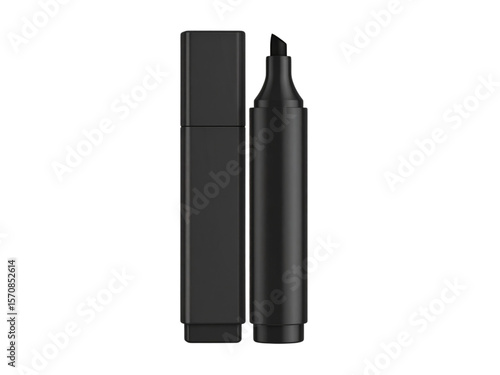 Black marker pen, rectangular container, writing tool, isolated on white background.