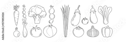 Vegetables Assortment Line Art Carrot, Onion, Tomato, Eggplant, Pepper, Isolated Elements
