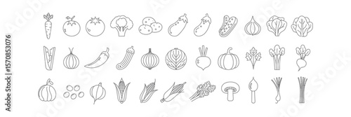 Vegetables Outline Icons Collection, Minimalist Linear Style on Transparent Background