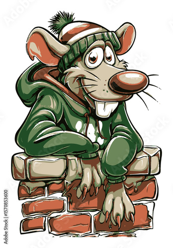 Cartoon Character of a Friendly Mouse in a Green Hoodie by a Brick Wall