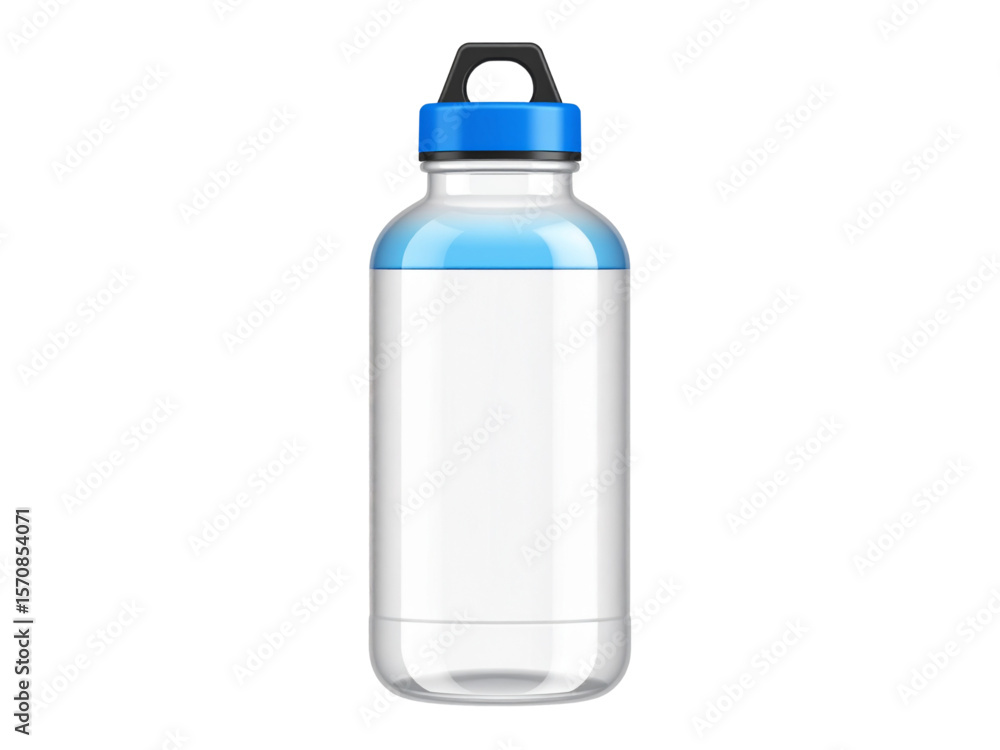 Transparent plastic water bottle with blue accents and a handle. Transparent plastic water bottle with blue accents and a handle.