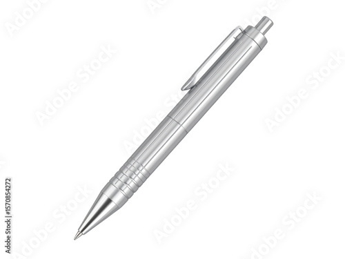 A close-up, isolated view of a shiny, metallic ballpoint pen.