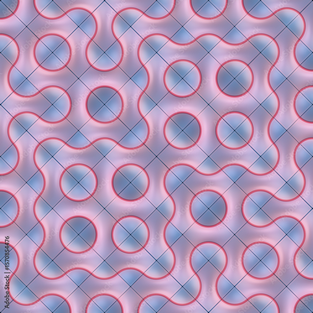 Fototapeta premium Illustration of a symmetrical, colorful, wavy pattern consisting of multiple square tiles, each containing an abstract geometric design. 3d rendering