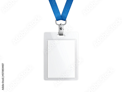 A blank ID card with a blue lanyard hanging, isolated on a white background.