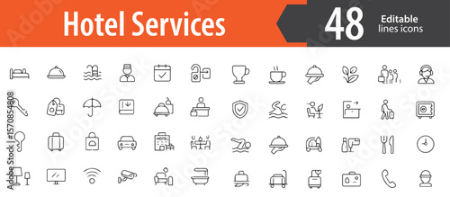 Hotel Services Line Icons, Room Service, Bellhop, Key Card, Reception Desk, Luggage Handling, Editable Formats: AI, EPS, PNG, JPG, Ideal for Both Digital and Print Use
