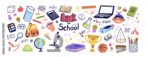 Set of school items in doodle style. Drawing icons of elementary education. Books for learning, stationery for studying, students' supplies. Hand drawn isolated vector illustration on white background