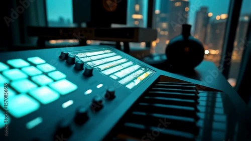 Illuminated Music Keyboard in Modern City Apartment at Night