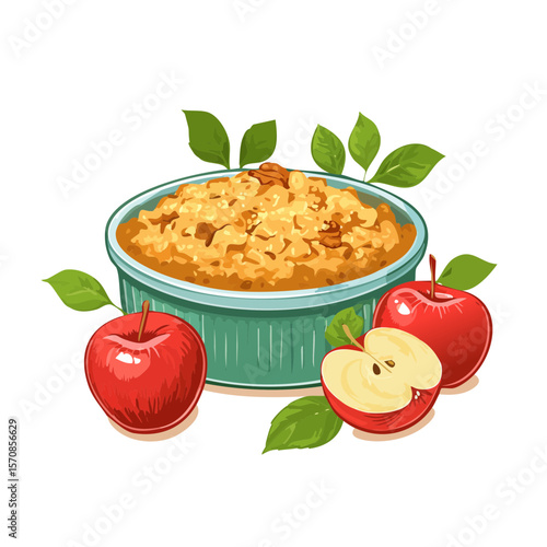 Apple Crisp with Fresh Apples and Green Leaves Still Life Illustration