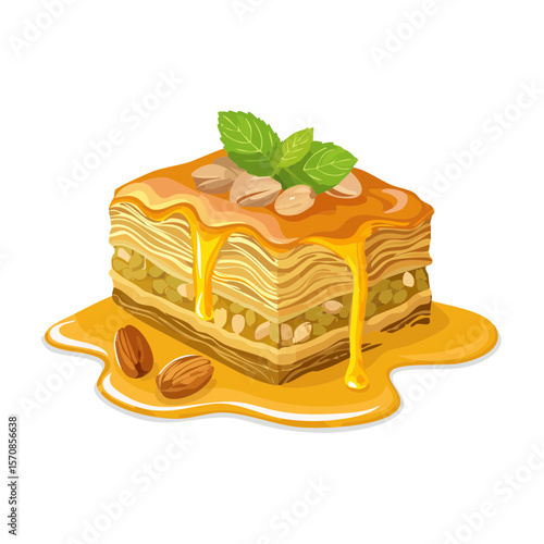 Delicious Baklava Dessert Illustration with Nuts and Honey Drizzle
