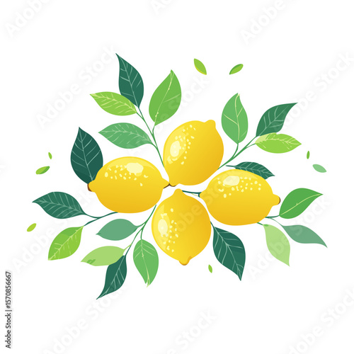Fresh Lemons and Leaves Illustration on a Black Background