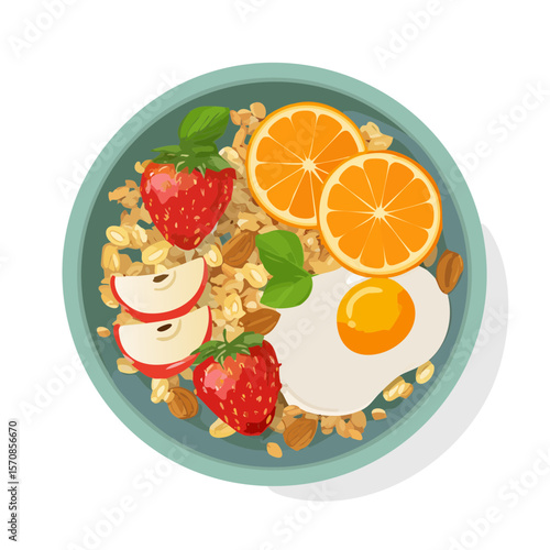 Bowl of Healthy Breakfast with Fruits, Nuts and Egg Illustration