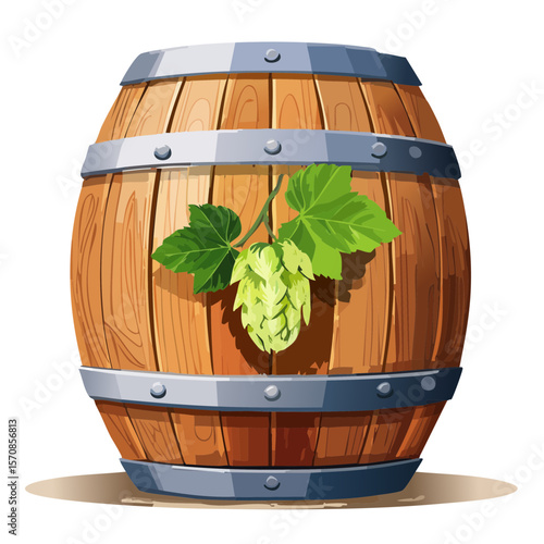 Wooden Beer Barrel with Hops Illustration