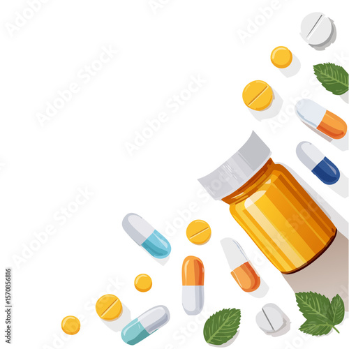 Pills and Medicine Bottle Illustration for Health and Wellness
