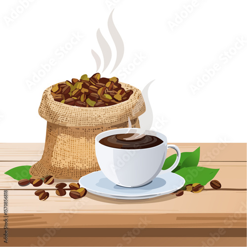 Steaming Cup of Coffee with Coffee Beans and Burlap Sack Still Life Illustration