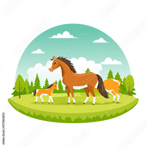 Horse Family in a Green Landscape Illustration